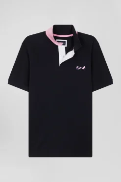 Regular navy blue short-sleeved cotton piqué polo shirt with striped embroidery