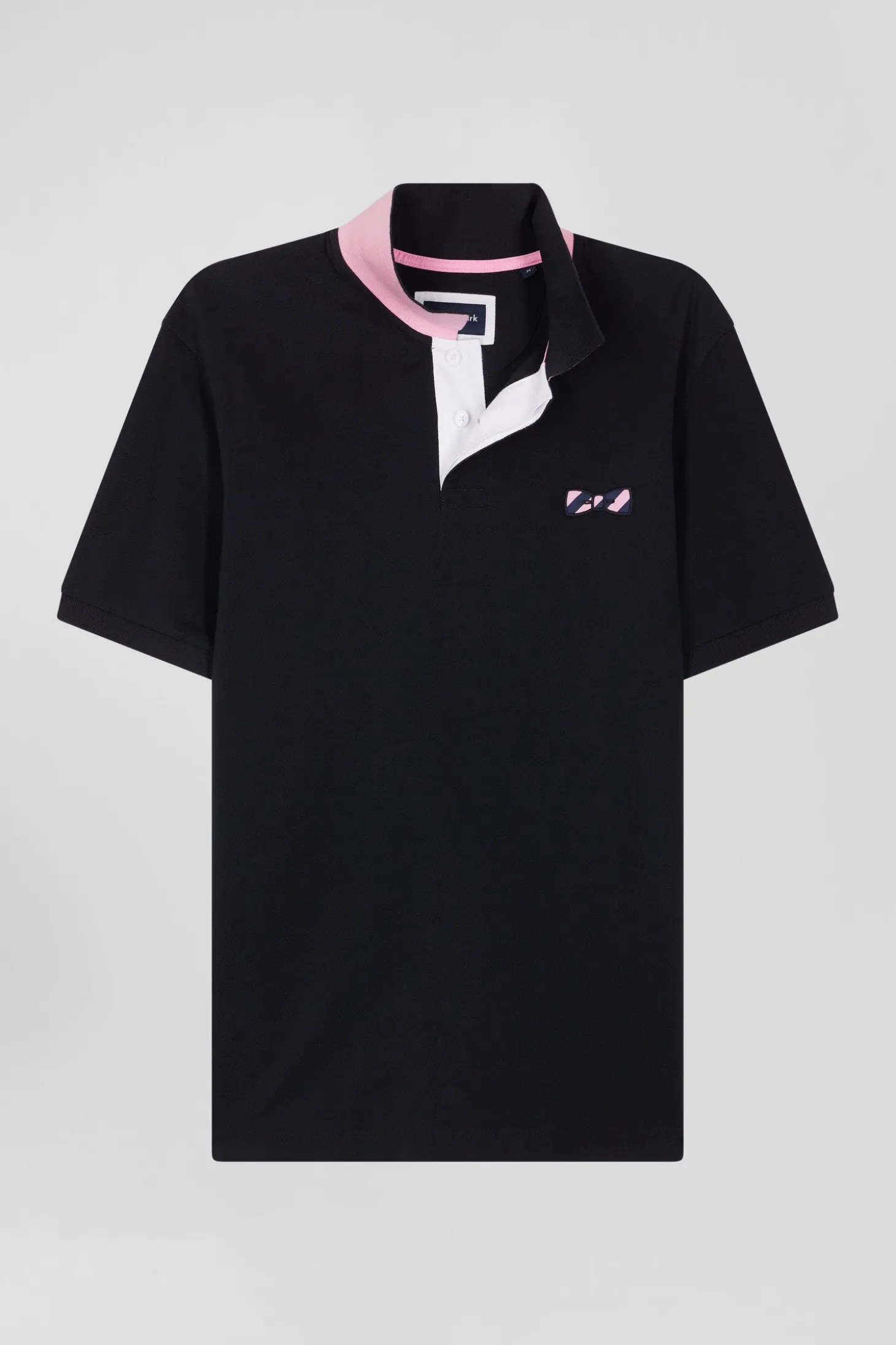 Regular navy blue short-sleeved cotton piqué polo shirt with striped embroidery
