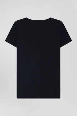 Regular navy blue short-sleeved V-neck cotton T-shirt