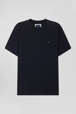 Regular navy blue short-sleeved cotton T-shirt with back patch