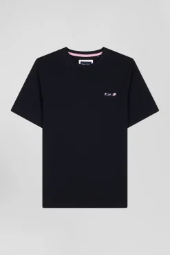 Regular navy blue short-sleeved cotton T-shirt with tie patchwork emblem