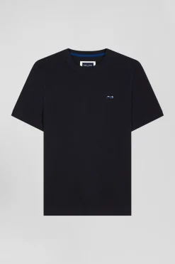 Regular navy blue short-sleeved cotton T-shirt with back embroidery
