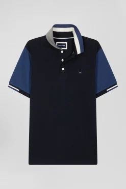 Regular navy blue short-sleeved cotton piqué polo shirt with Eden Park jacquard collar