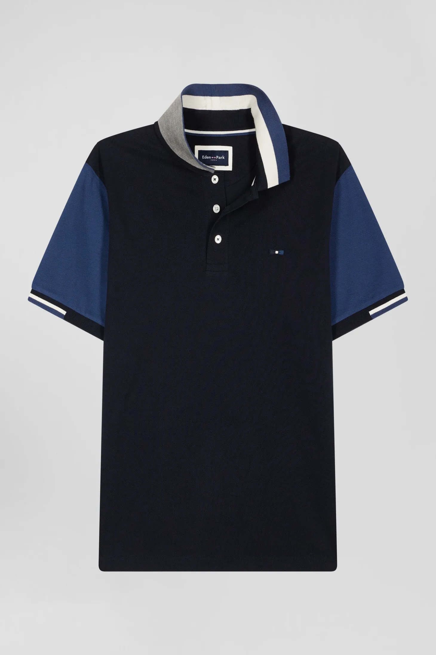 Regular navy blue short-sleeved cotton piqué polo shirt with Eden Park jacquard collar