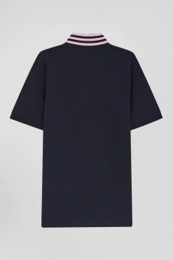 Regular navy blue short-sleeved cotton piqué polo shirt
