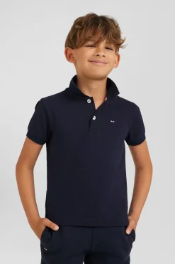 Regular navy blue short-sleeved cotton piqué polo shirt with back bow tie embroidery