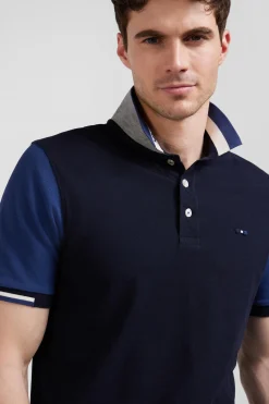 Regular navy blue short-sleeved cotton piqué polo shirt with Eden Park jacquard collar