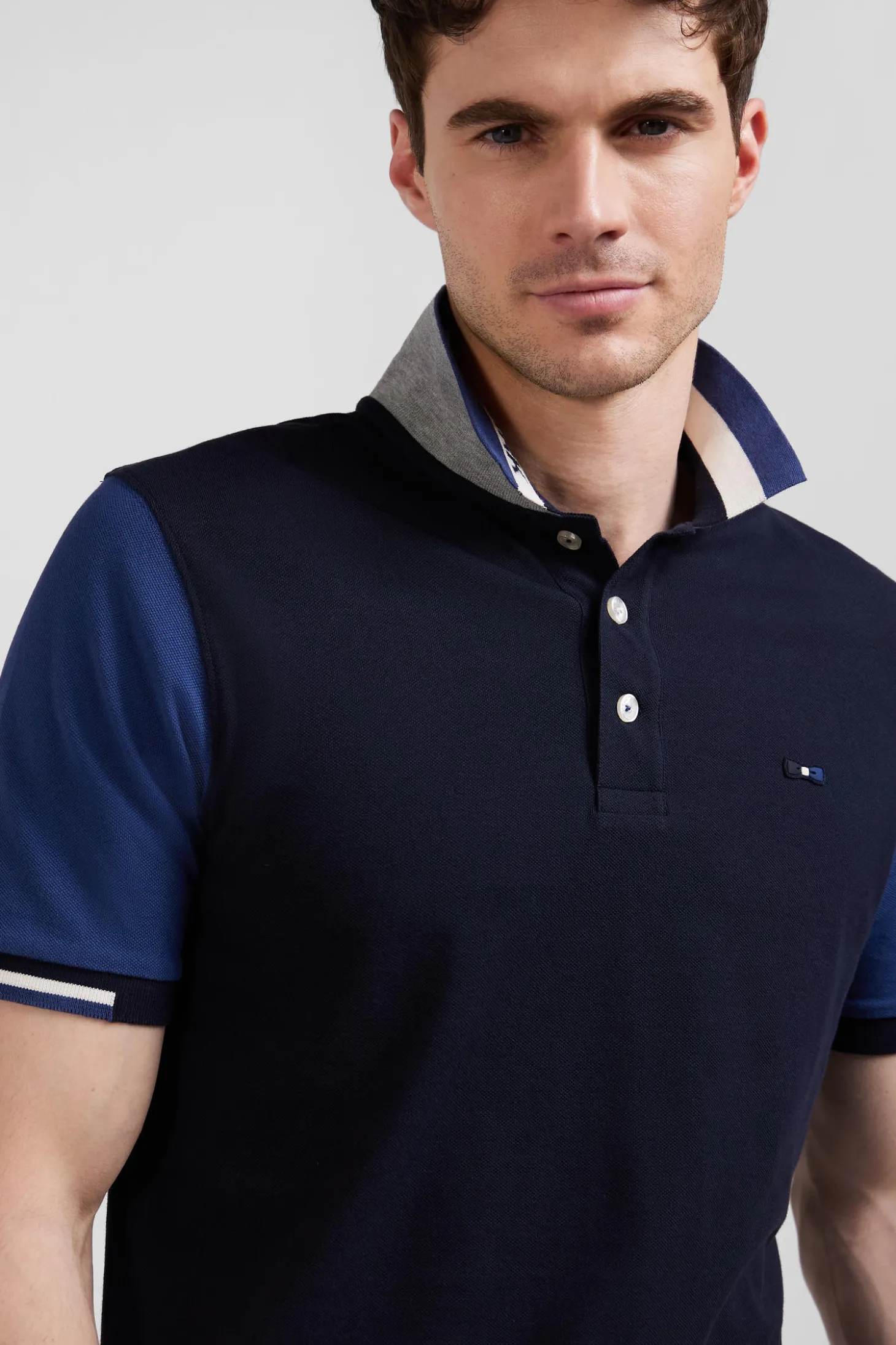 Regular navy blue short-sleeved cotton piqué polo shirt with Eden Park jacquard collar