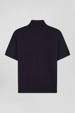 Regular navy blue short-sleeved wool polo neck jumper