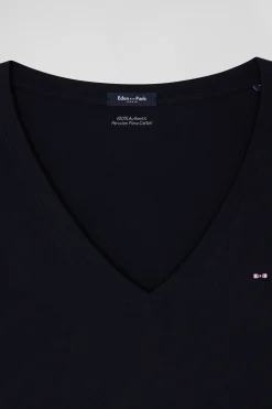Regular navy blue short-sleeved V-neck cotton T-shirt