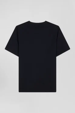 Regular navy blue short-sleeved cotton T-shirt with tie patchwork emblem