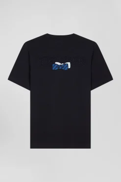 Regular navy blue short-sleeved cotton T-shirt with back embroidery