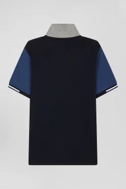 Regular navy blue short-sleeved cotton piqué polo shirt with Eden Park jacquard collar