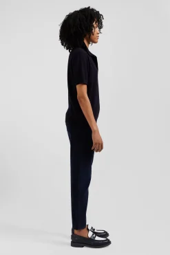 Regular navy blue short-sleeved wool polo neck jumper