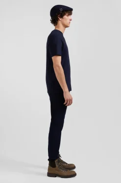 Regular navy blue short-sleeved cotton T-shirt with back patch
