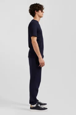Regular navy blue short-sleeved cotton T-shirt with back embroidery