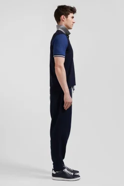 Regular navy blue short-sleeved cotton piqué polo shirt with Eden Park jacquard collar