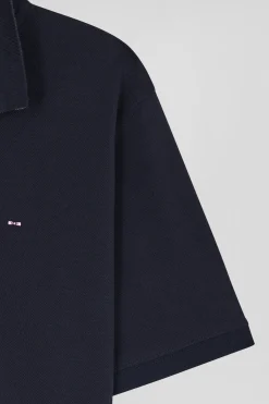 Regular navy blue short-sleeved cotton piqué polo shirt