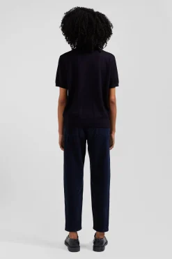 Regular navy blue short-sleeved wool polo neck jumper