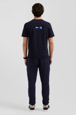 Regular navy blue short-sleeved cotton T-shirt with back embroidery
