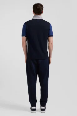 Regular navy blue short-sleeved cotton piqué polo shirt with Eden Park jacquard collar