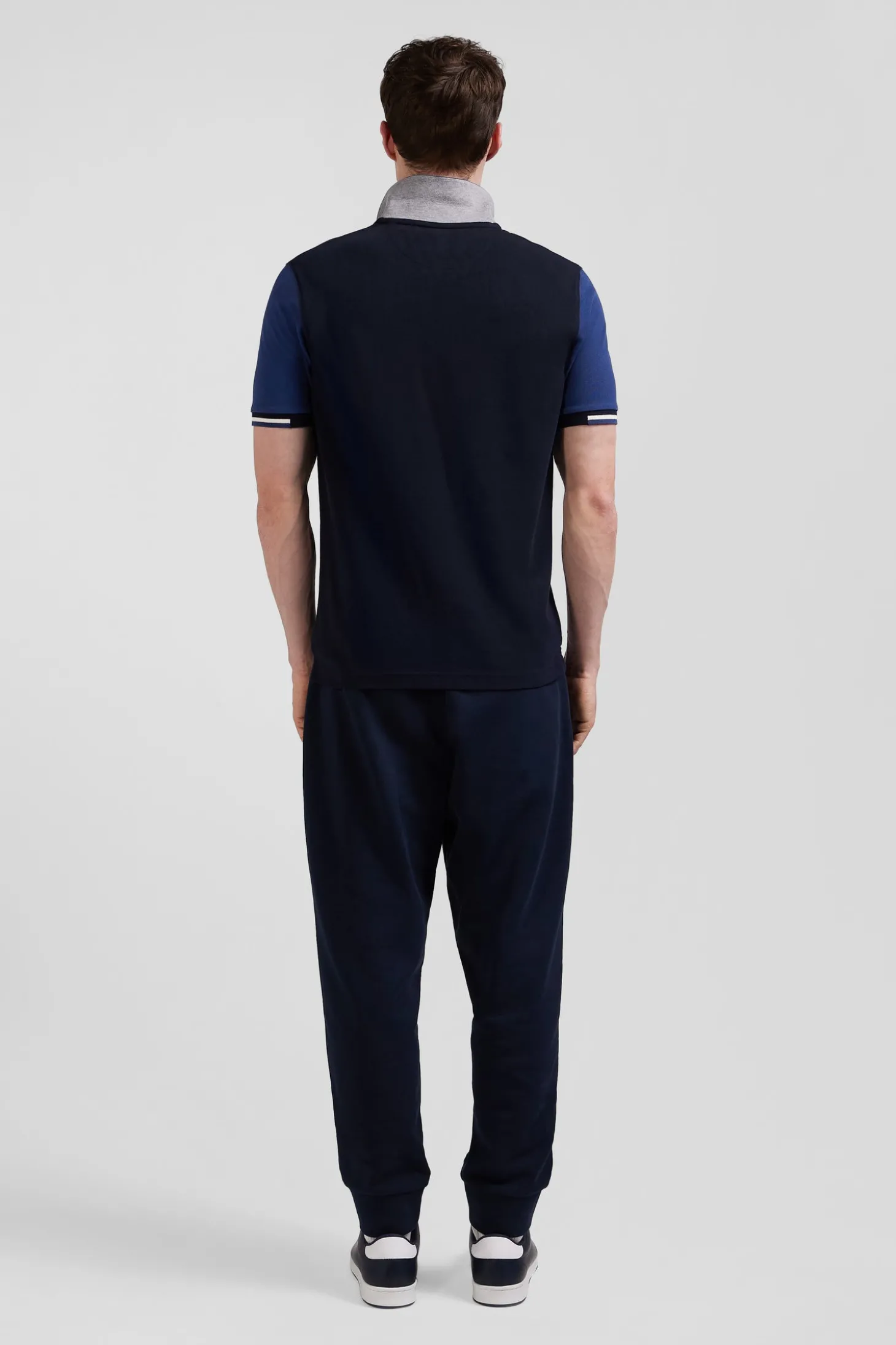 Regular navy blue short-sleeved cotton piqué polo shirt with Eden Park jacquard collar