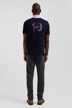 Regular navy blue short-sleeved cotton piqué polo shirt with striped embroidery