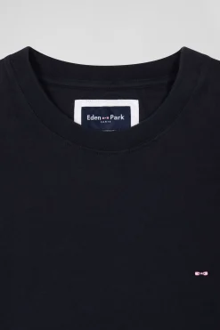 Regular navy blue short-sleeved cotton T-shirt with back patch