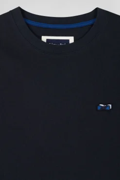 Regular navy blue short-sleeved cotton T-shirt with back embroidery
