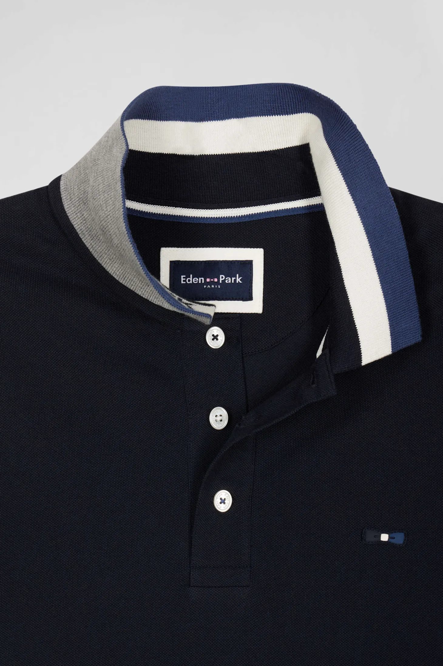 Regular navy blue short-sleeved cotton piqué polo shirt with Eden Park jacquard collar