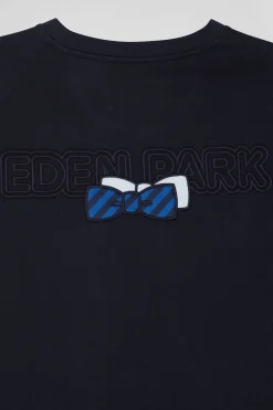 Regular navy blue short-sleeved cotton T-shirt with back embroidery