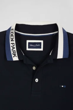Regular navy blue short-sleeved cotton piqué polo shirt with Eden Park jacquard collar