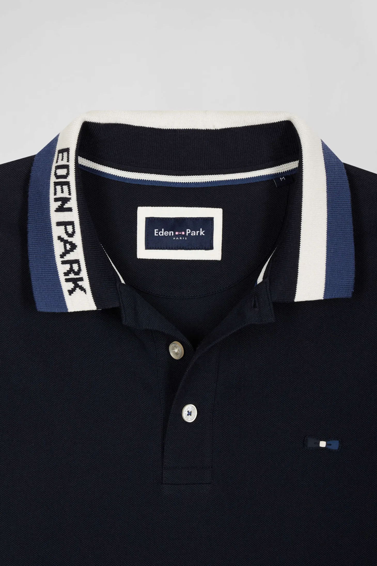 Regular navy blue short-sleeved cotton piqué polo shirt with Eden Park jacquard collar