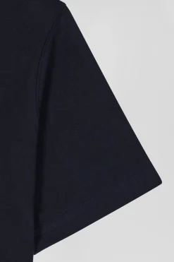 Regular navy blue short-sleeved cotton T-shirt with back embroidery