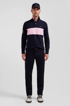 Regular navy blue stretch cotton piqué and modal chino trousers