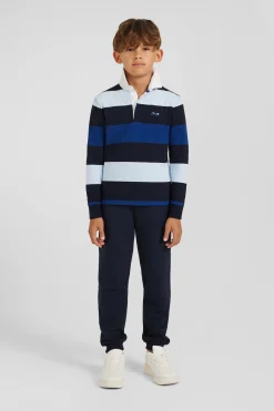 Regular navy blue striped long-sleeved cotton rugby shirt