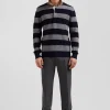 Regular navy blue striped cotton and cashmere jumper with rugby shirt collar