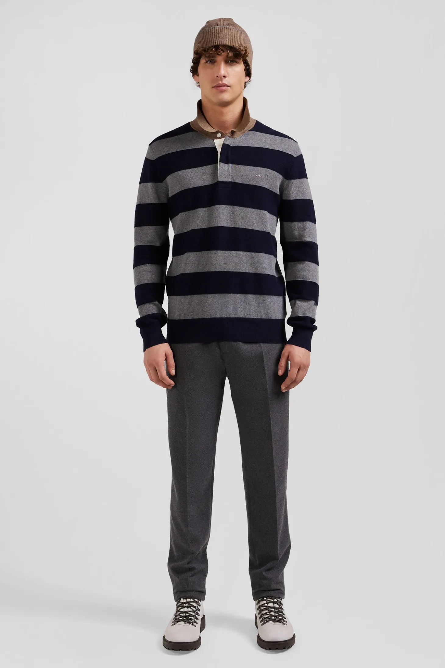 Regular navy blue striped cotton and cashmere jumper with rugby shirt collar