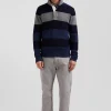 Regular navy blue striped wool and cotton jumper with rugby shirt collar