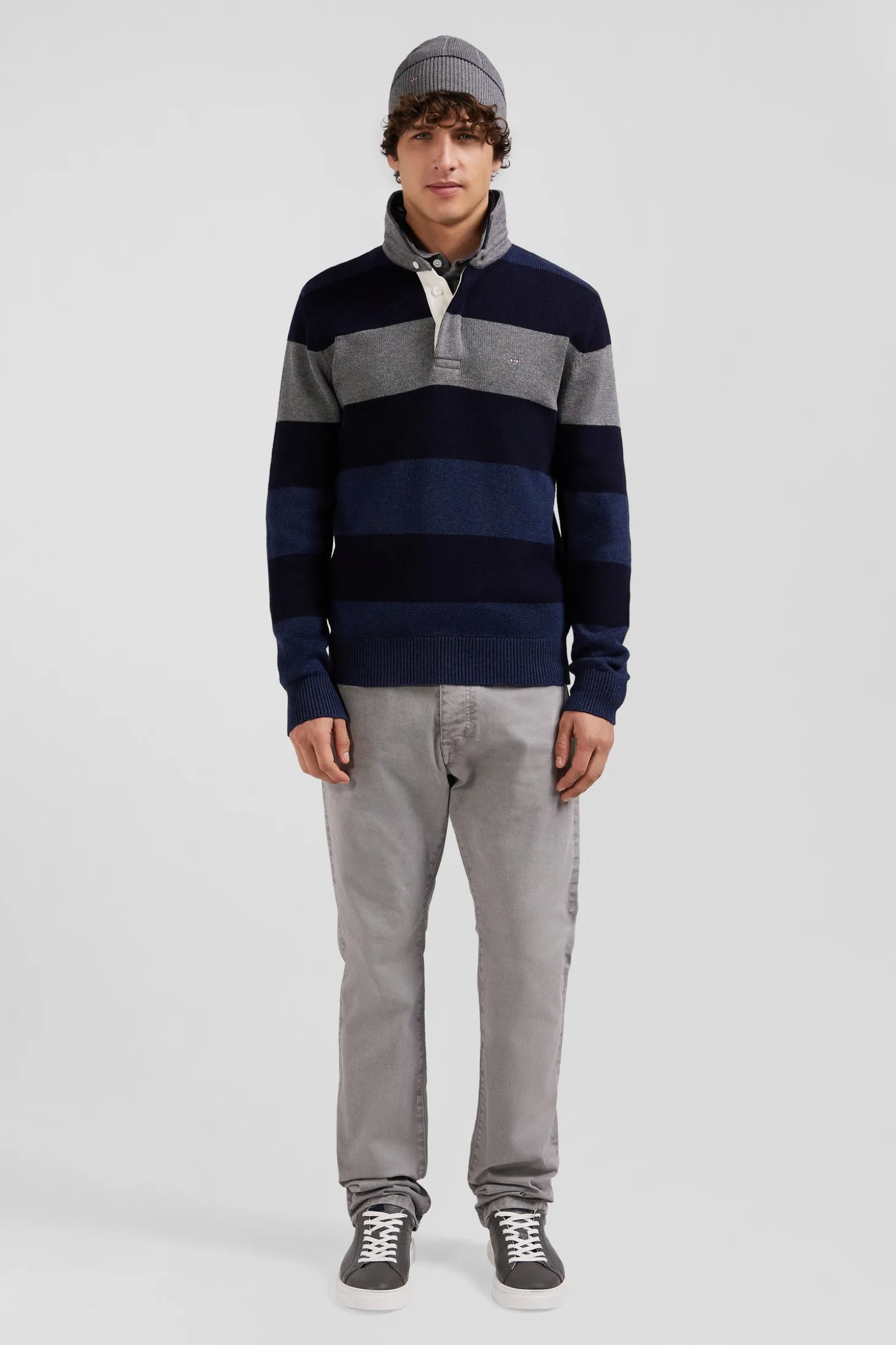 Regular navy blue striped wool and cotton jumper with rugby shirt collar