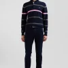 Regular navy blue striped cotton polo neck jumper