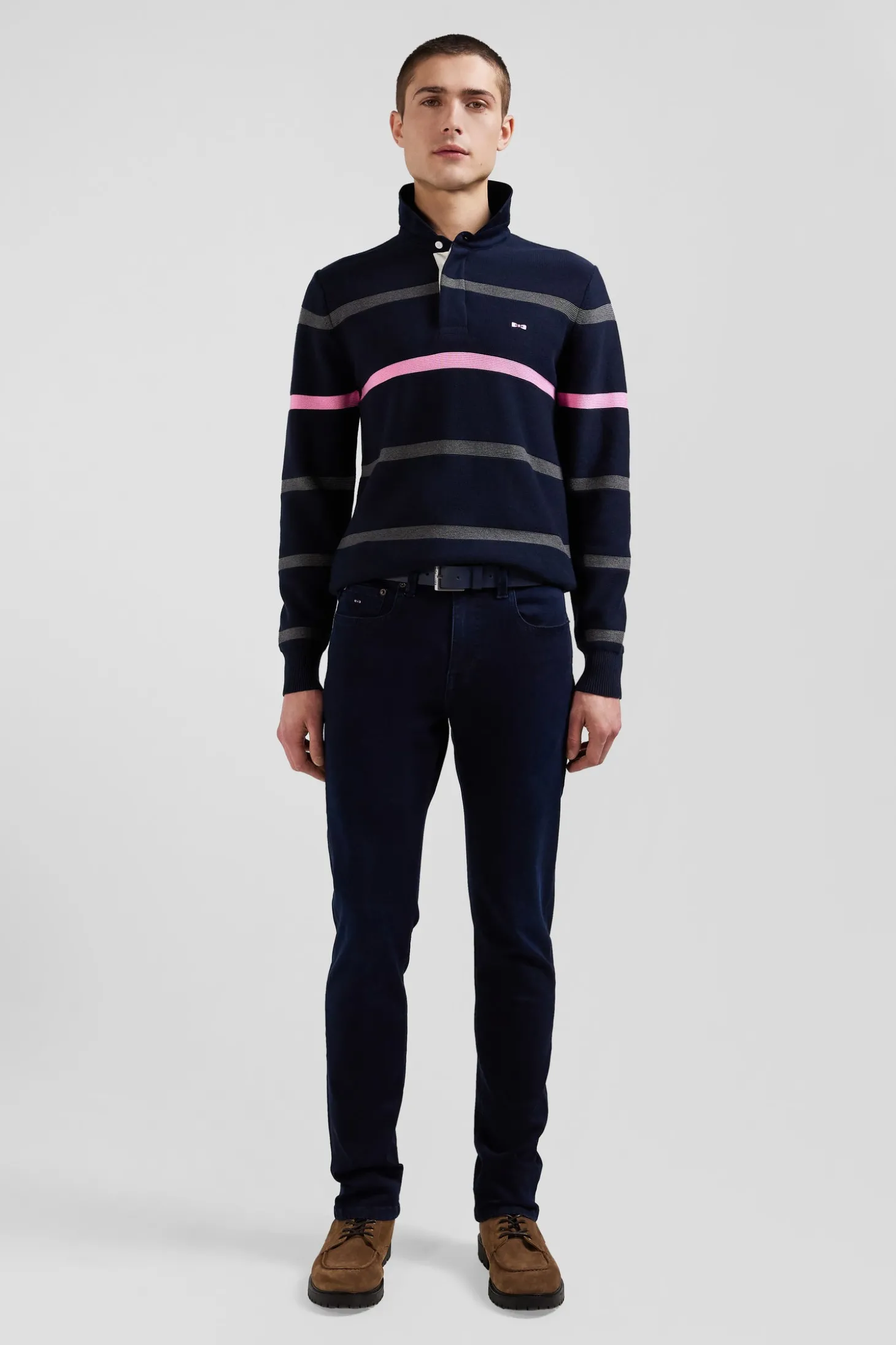 Regular navy blue striped cotton polo neck jumper