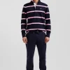 Regular navy blue striped long-sleeved cotton rugby shirt with back embroidery