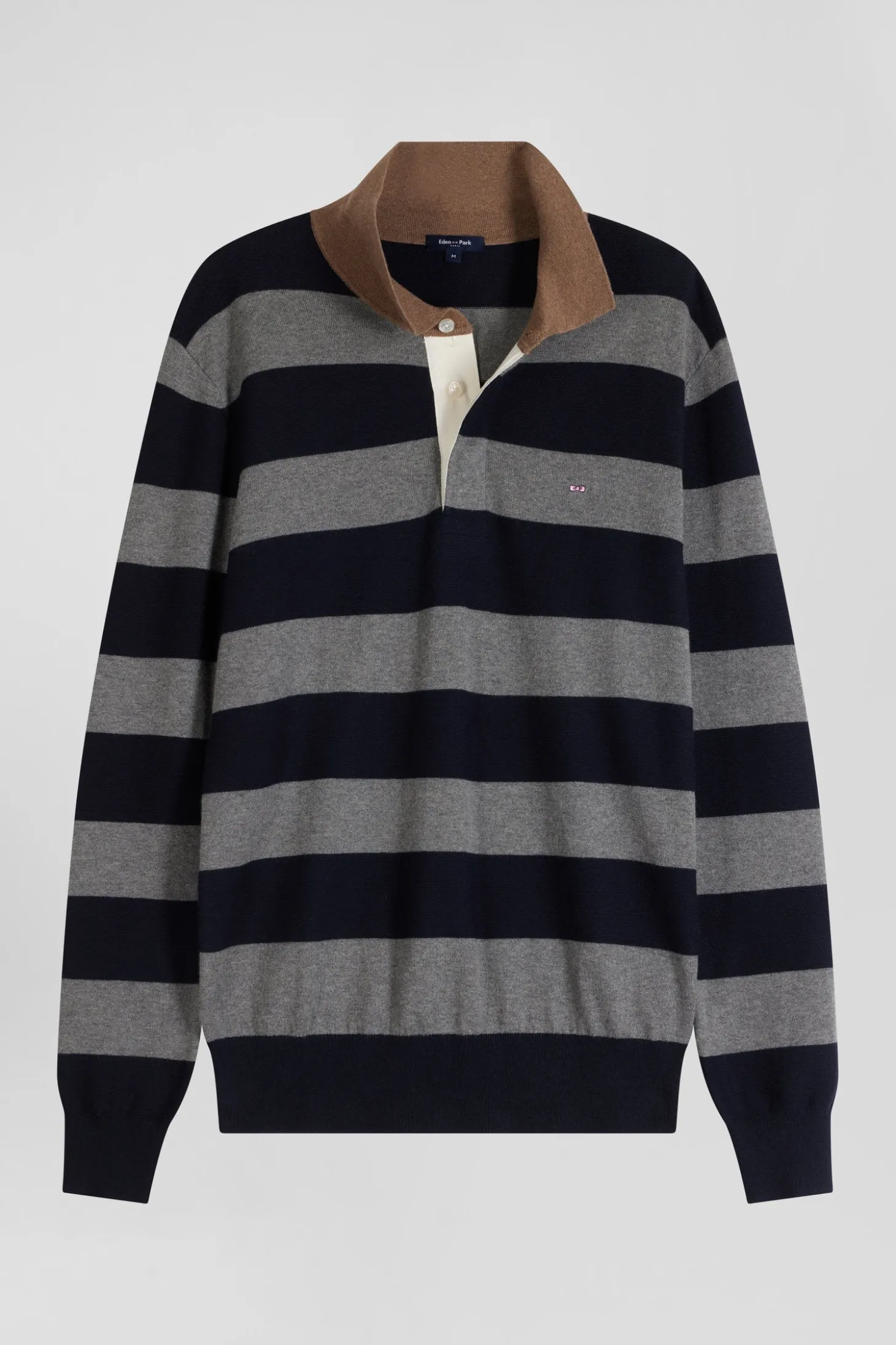 Regular navy blue striped cotton and cashmere jumper with rugby shirt collar