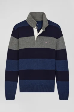 Regular navy blue striped wool and cotton jumper with rugby shirt collar