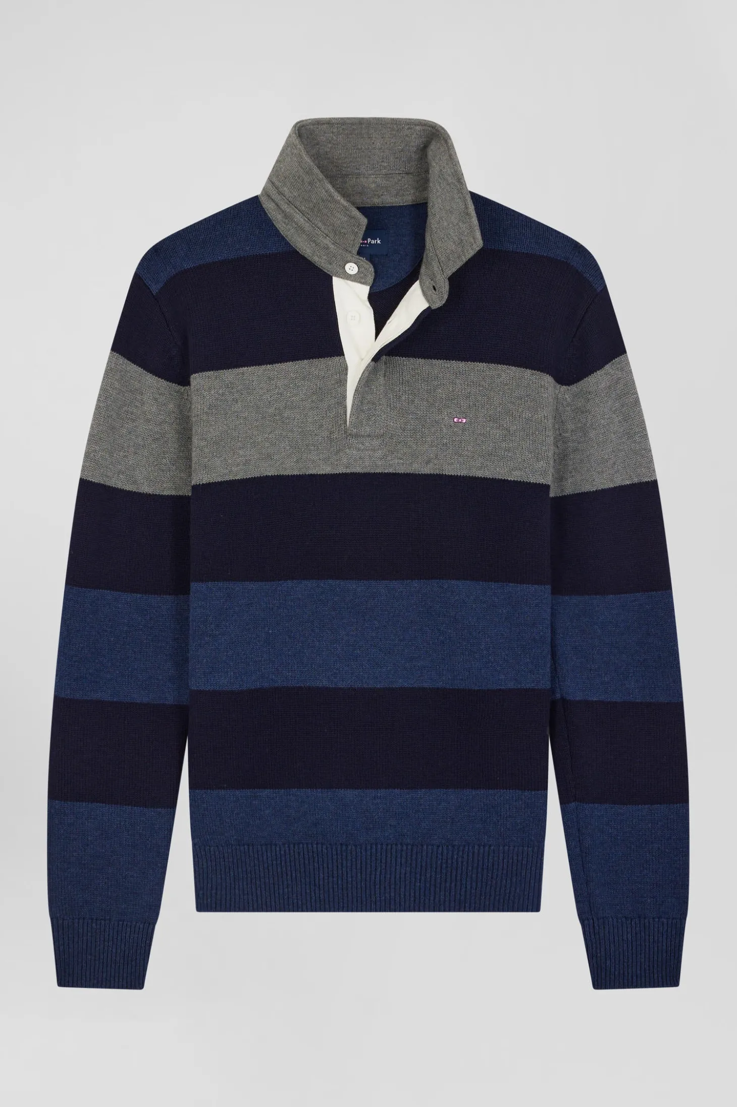Regular navy blue striped wool and cotton jumper with rugby shirt collar