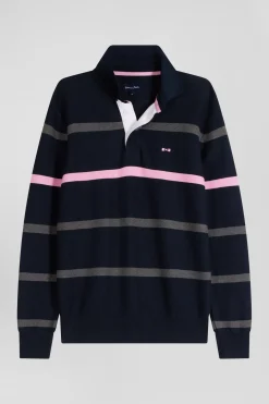 Regular navy blue striped cotton polo neck jumper