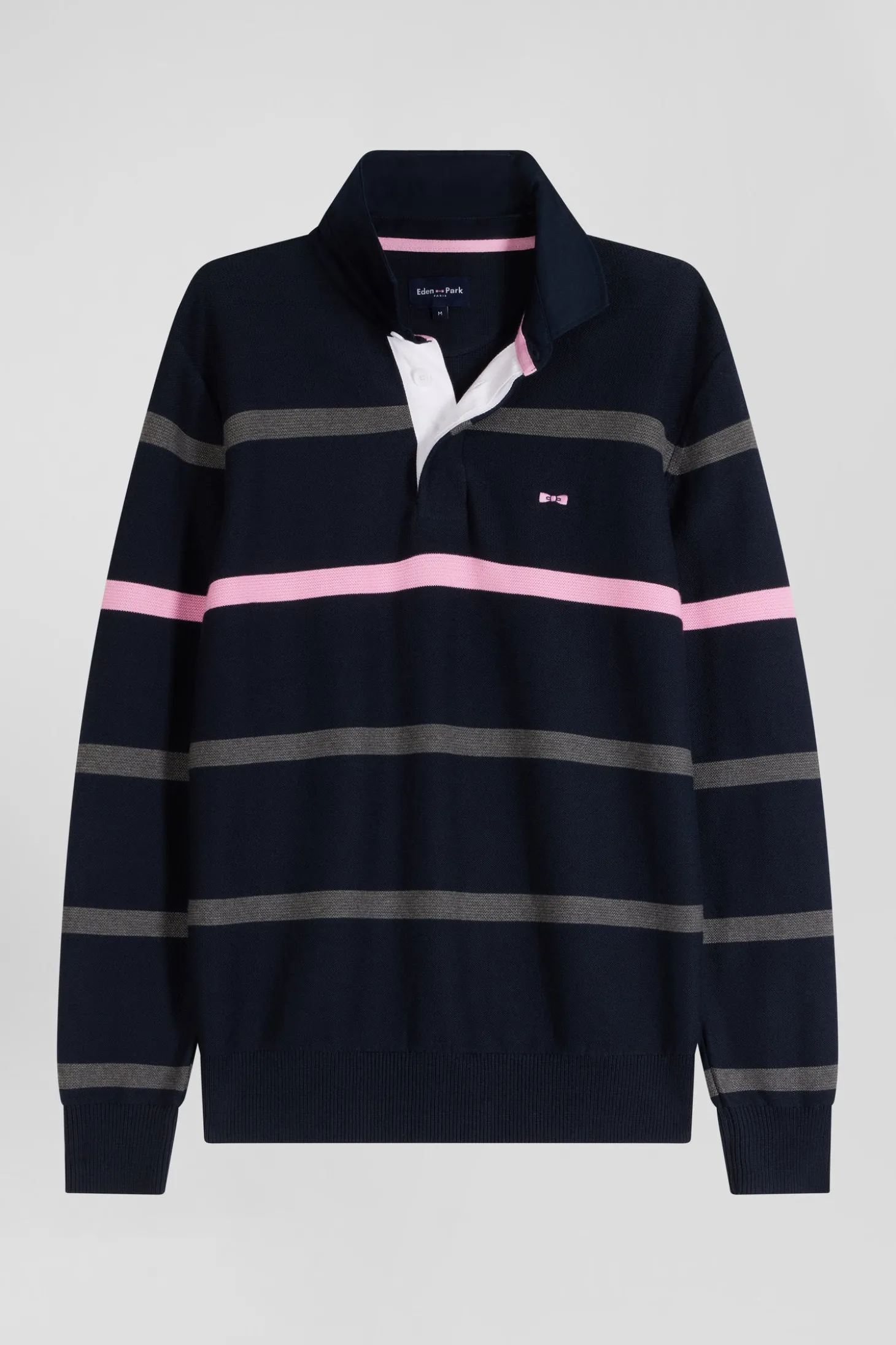 Regular navy blue striped cotton polo neck jumper