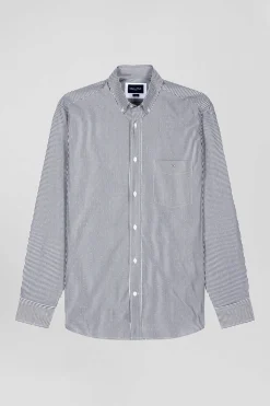 Regular navy blue striped cotton jacquard shirt