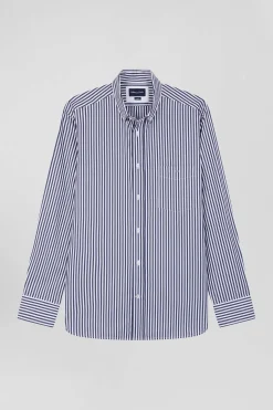 Regular navy blue striped cotton poplin shirt